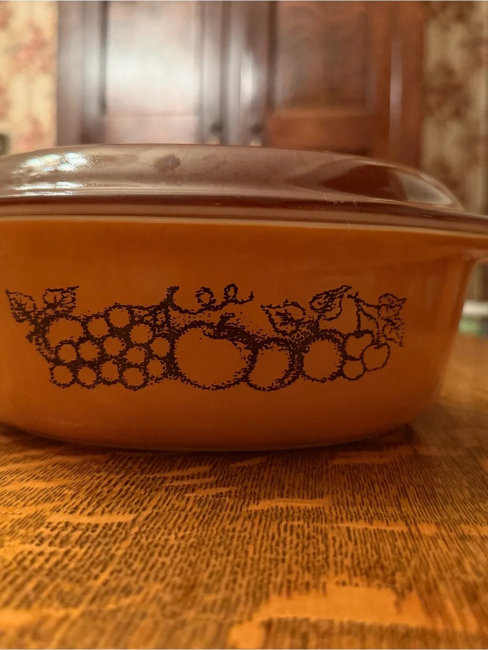 Vintage Brown Covered Casserole Dish with Fruit Motif - Brown